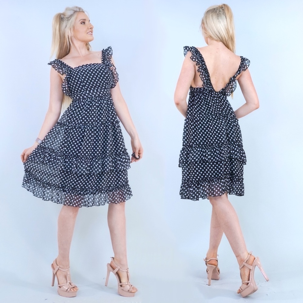Black White Polka Dot Open Back Dress